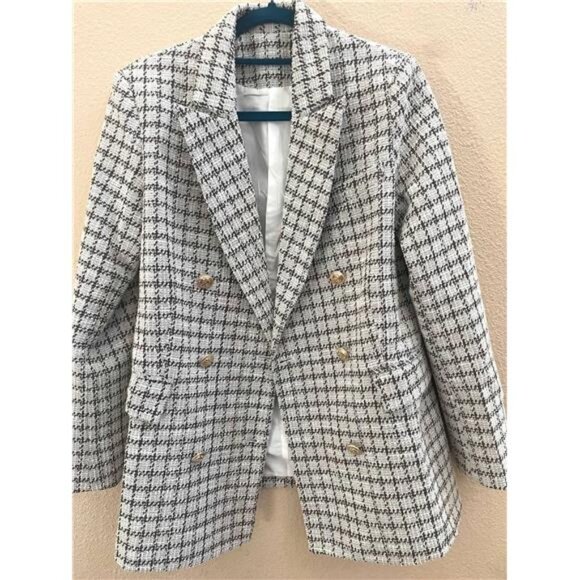 Women's Plaid Tweed Blazer Long Sleeve Double Breasted Open Front Jacket Suit - Picture 8 of 8